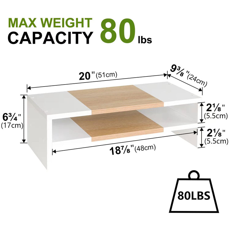 TEAMIX 3 Tiers 20 Inch Desktop Monitor Stand Riser Printer Stand for Desk Organizer (White+Maple)