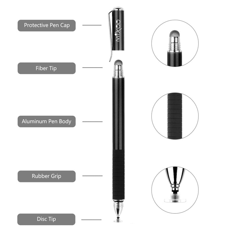 Mixoo Stylus Pens for Touch Screens - Disc & Fiber Tip 2 in 1 High Sensitivity Universal Stylus for iPad, iPhone, Tablets and Other Capacitive Touch Screens (Black/White) Black/White