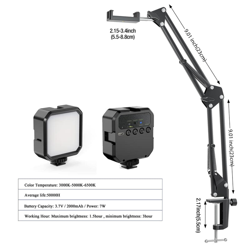Overhead Phone Mount, Articulating Arm Cell Phone Holder with LED Light, Flexible Phone Stand for Live Streaming,Video Recording,Drawing,Cooking
