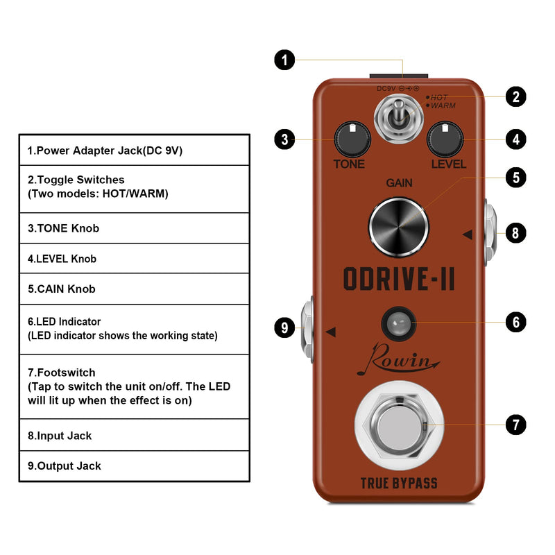 Rowin Blues Overdrive Pedal for Guitar True Bypass with Warm and Hot Modes