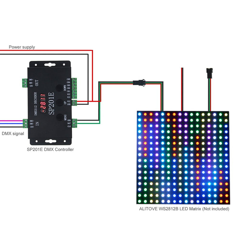 ALITOVE WS2812B WS2811 DMX to SPI Controller Decoder, W/ 99 Color Modes, 5 Channel DMX 512 RGB WW Decoder Controller for SK6812 WS2801 WS2813 LP6803 8806 1903 RGBWW LED Pixels Light Strip DC5V~24V