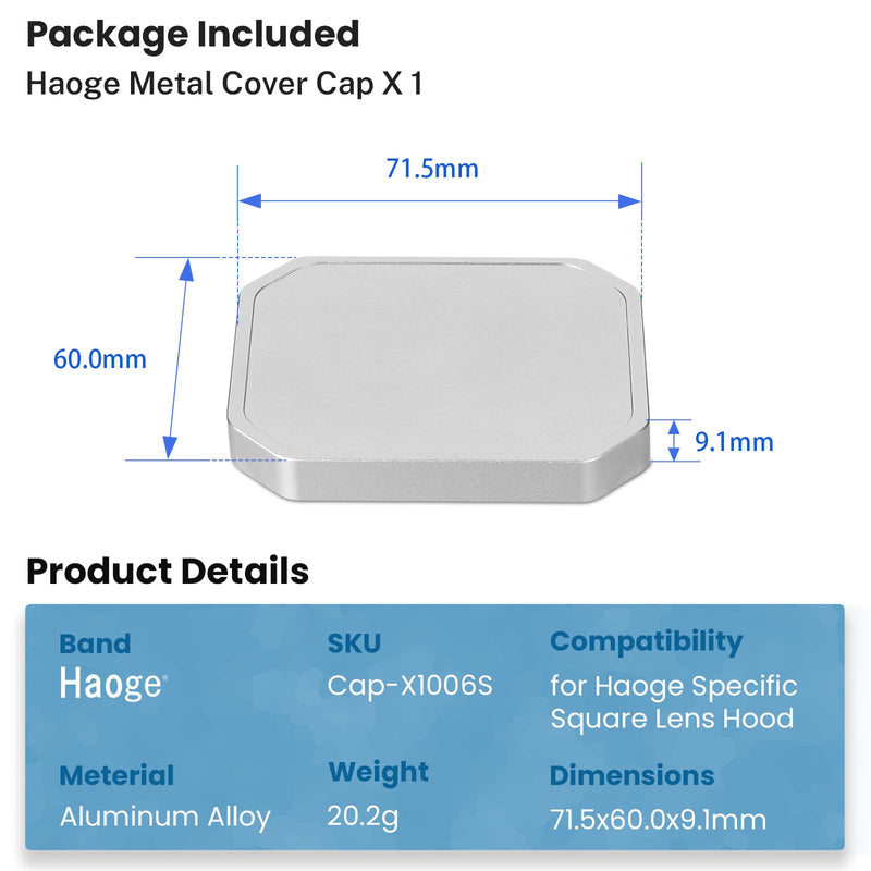 Haoge Square Metal Cover Cap for Haoge Specific Square Lens Hood Silver Cap-X1006S Silver-Cao