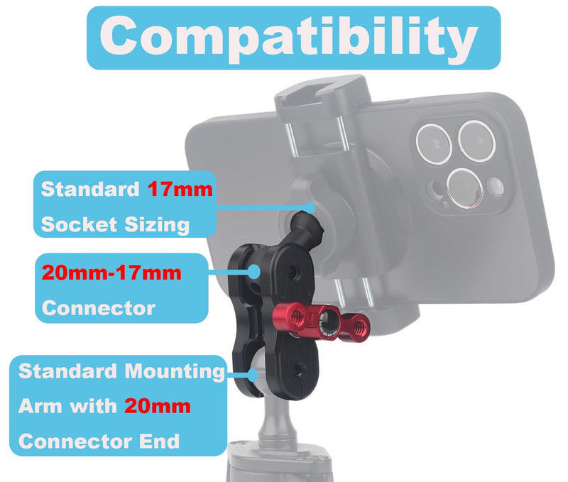 Aluminum 20mm Double Socket Arm 2.36" with 17mm Ball Compatible with Bulletpiont Mounting Solutions, 20mm Socket (Female) to 17mm Ball (Male) Adapter Arm with 17mm Ball Connector