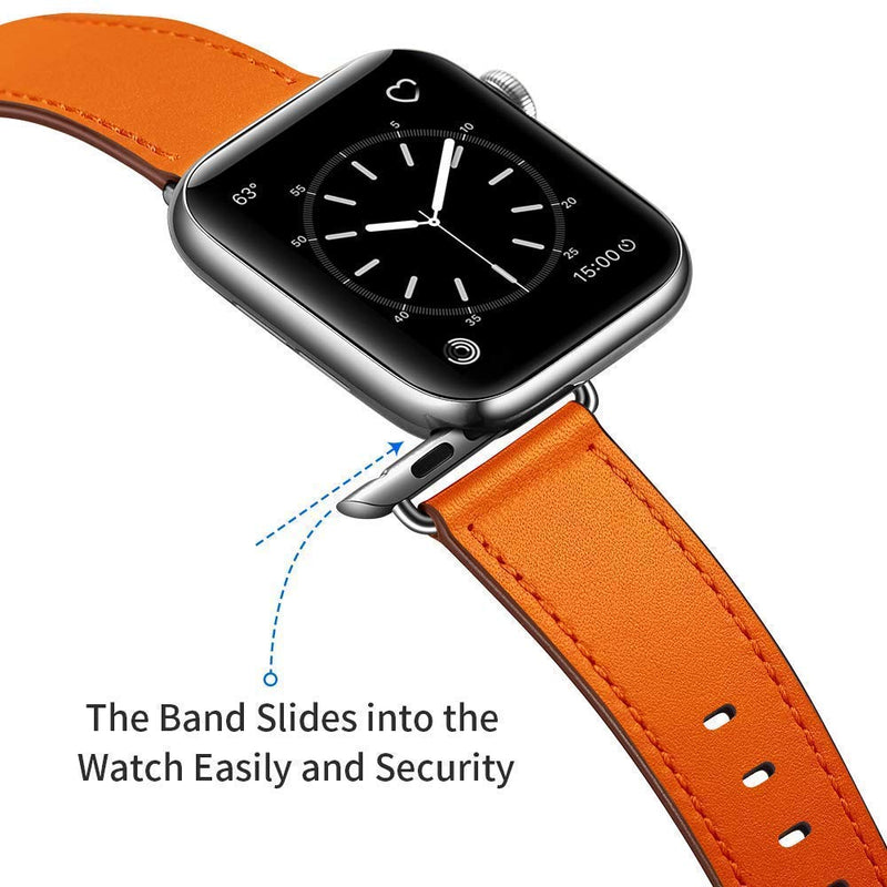 OUHENG Compatible with Apple Watch Band Genuine Leather Replacement Strap 49mm 45mm 44mm 42mm Dark Brown & Orange