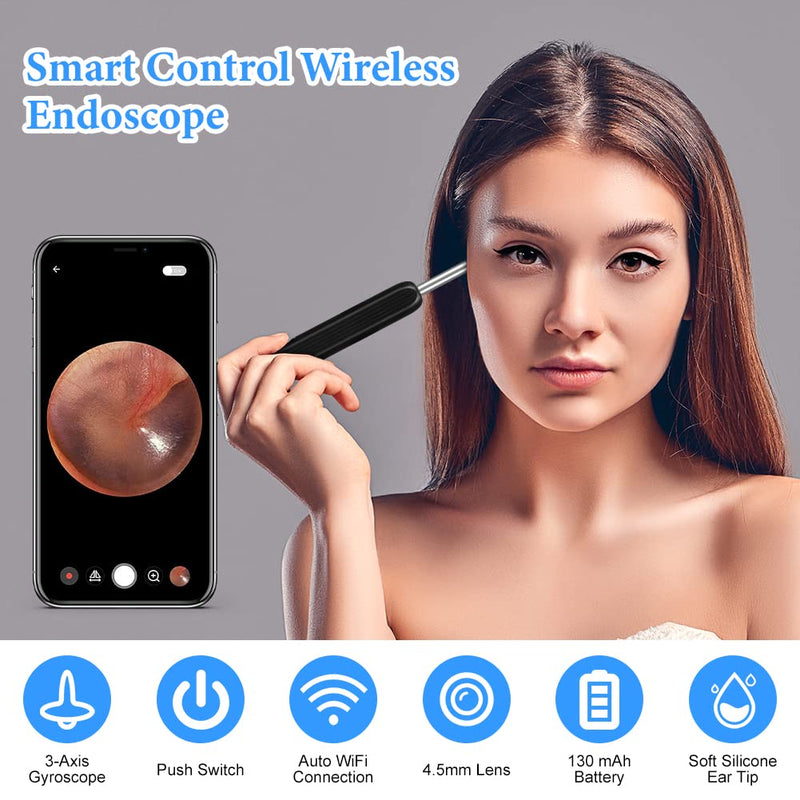 ACWOO Ear Wax Remover Otoscope, Ear Cleaner Camera Ultra Thin, IP67 Waterproof Ear Endoscope Ear Cleaner for Adults, Wireless HD Otoscope for Adults, Children and Pets, Black