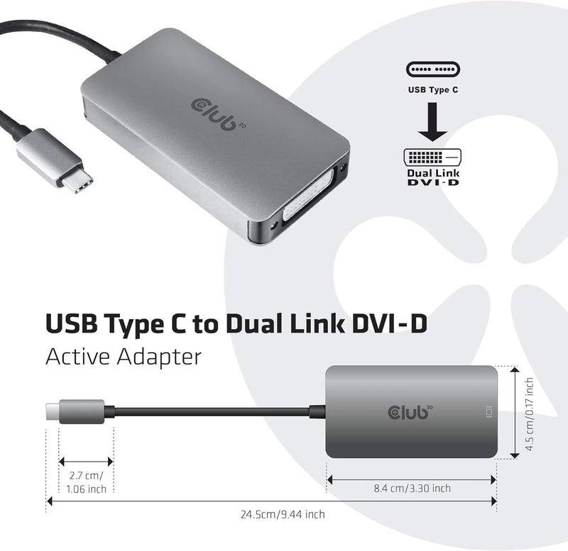 Club 3D CAC-1510 USB Type C to Dual Link DVI-D Cable Adapter Support 3840x2160@30hz, 2560x1600@60Hz HDCP Support M/F