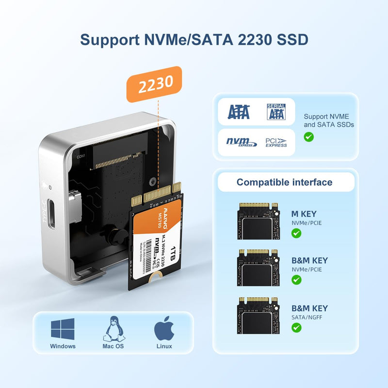 MAIWO M.2 NVMe SATA 2230 SSD Enclosure for iPhone 15 Pro Max MacBook Android, 10Gbps USB3.2 Gen2 Type-C to NVMe PCIe SATA NGFF Adapter, M.2 Reader Caddy 2TB Max Aluminum Tool Free (K1725P2)
