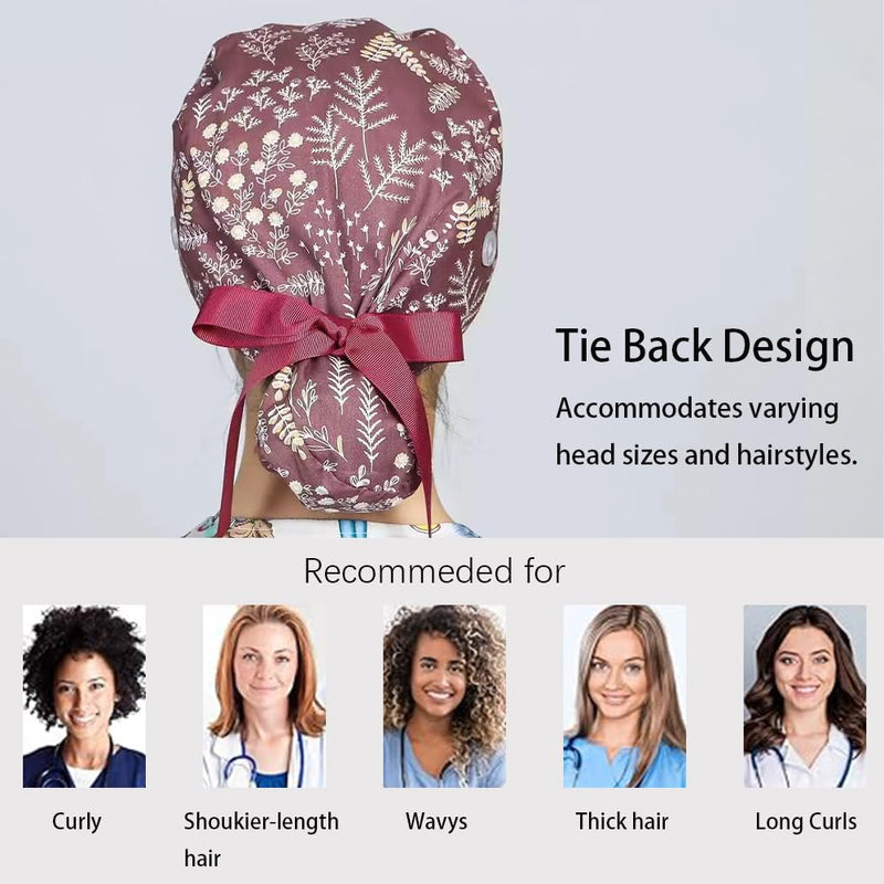 [AUSTRALIA] - 6 x Women's Surgical Caps with Satin Lining, Adjustable Fabric with Button, Ponytail Work Cap with Sweatband Hoods, Cotton Print Surgical, Chef's Hat, Dust Cap, One Size, multicoloured 