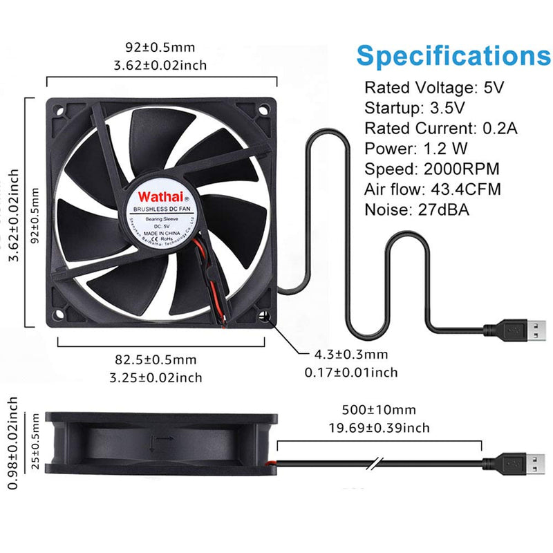 2 Packs Wathai 92mm x 25mm 90mm 5V USB Fan for Receiver AV cabint Game Console PC Laptop TV Box Projector Router Cooling