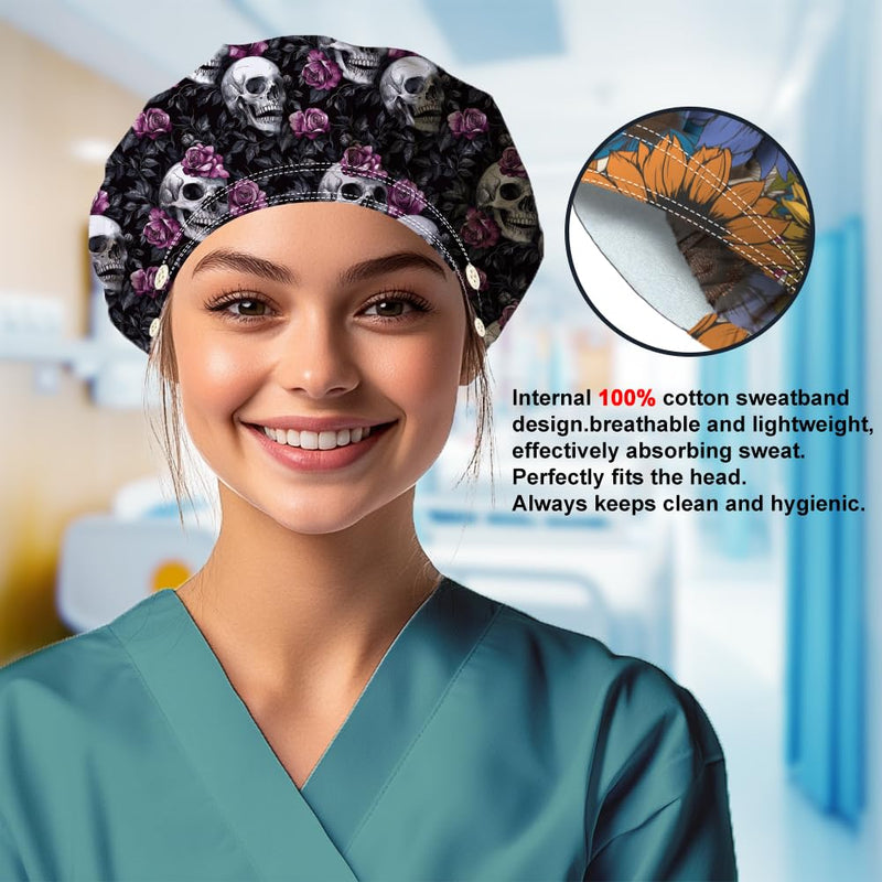 DELORIGIN Bouffant Hats with Skull and Rose Motif, Adjustable Work Cap, Cotton, for Nurses, Doctors and Surgery Hat with Button and Sweatband for Nurses and Cooking Skull Rose