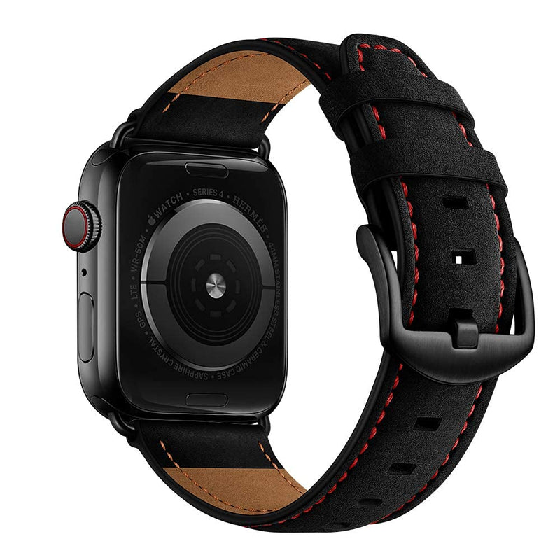 Bundle Leather Band Compatible with Apple 44mm 42mm Mens Vintage Black Leather Strap Red Dot XL Dressy Bands with Black Buckle Adapters for iWatch 6 5 4 3 2 1 SE, 44 42mm Band