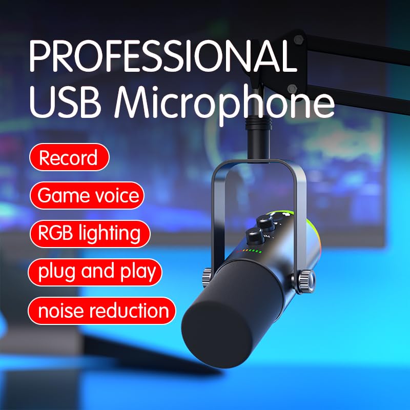 USB/XLR Dynamic Microphone for Podcasting, Gaming Streaming Mic with RGB Light, Mute Button, Noise Cancellation, Desktop Stand
