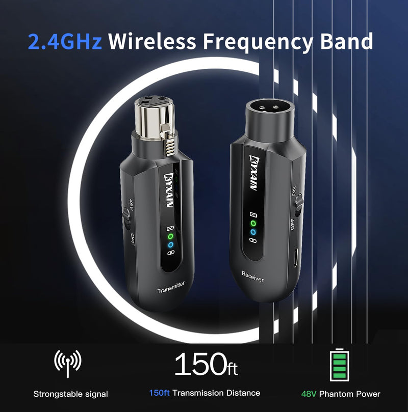 Wireless Microphone Transmitter Receiver 2.4GHz, Wireless Microphone Adapter Rechargeable XLR Transmitter Receiver for Mixer PA Speaker DSLR Camera, 48V Phantom Power for Condenser Mic Black