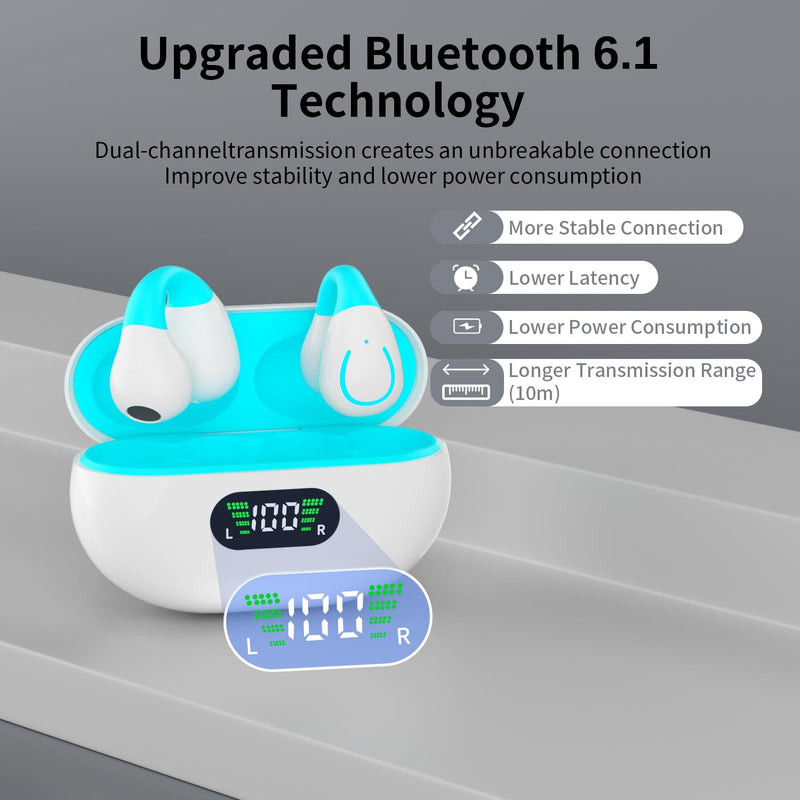Comfort Clip On Earbuds, Bluetooth 6.1 Open Ear Bone Conduction Headphones, with Digital Display Charging Case Sport Earphones Built-in Mic Waterproof for Running Fitness Exercise, White-Blue