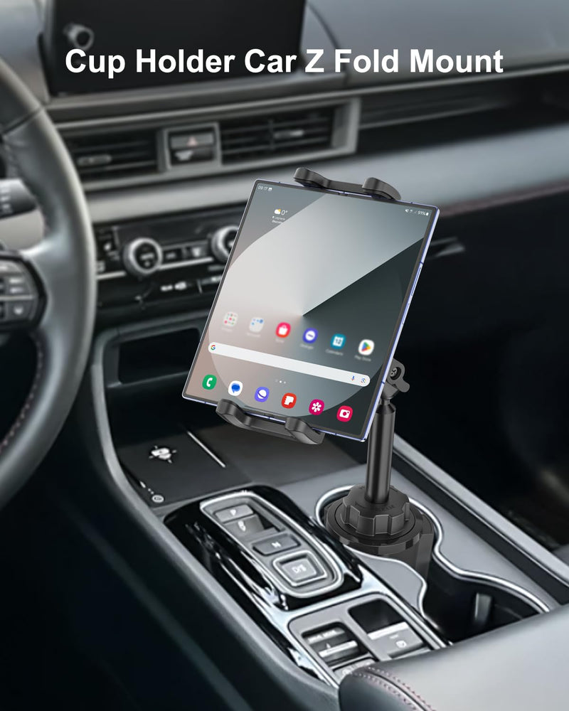 Z Fold Car Mount, [Sturdy Metal Arm] Cup Holder Folding Phone Mount | 360°Adjustable Tablet Phone Stand Truck CupHolder for Galaxy Z Fold 8 7 6 5 4 3 2, Pixel Fold, Galaxy Tab, 4-13" Device