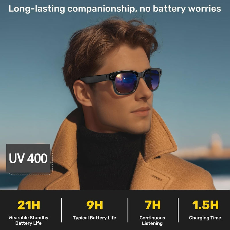 Smart Glasses with Camera, 1080P HD Video Glasses, UV Protection Sunglasses with AI Real-Time Translation, Bluetooth Audio, Recording sound, and Voice Assistant, for Travel, Outdoor, Men and Women