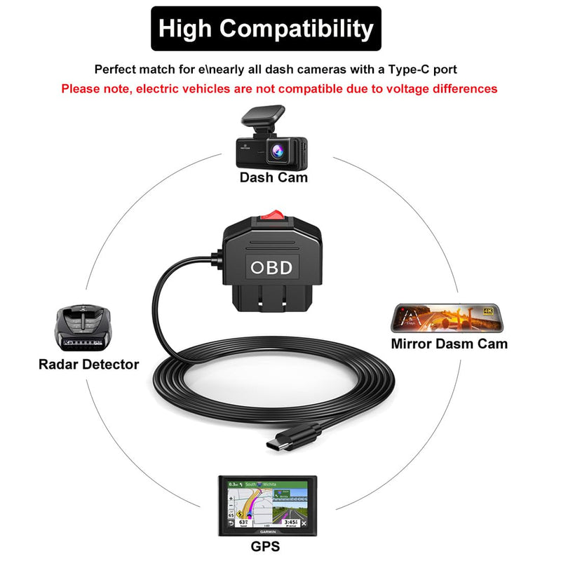 RIIPOO OBD Power Cable for Dash Camera, OBD2 to USB C Charger Cable with 24 Hours Surveillance and Acc Mode Switch Button, OBDII Adapter Hardwire Charger 12-36V to 5V