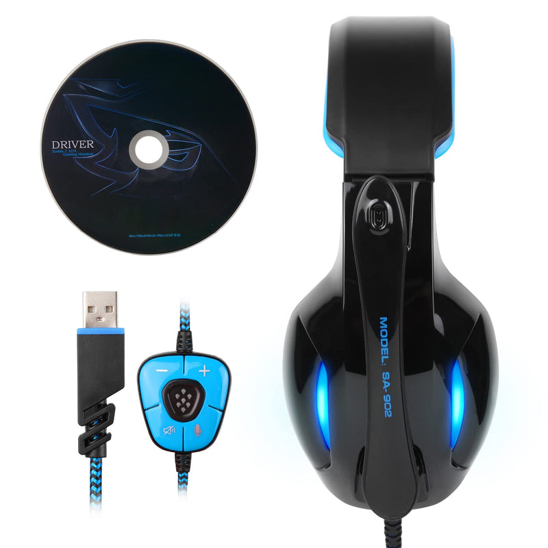 SADES Newest SA902 7.1 Channel Virtual Surround Sound USB Gaming Headset Over-ear Headphones with Noise Isolating Mic LED Light for PC Mac Computer Gamers(Black Blue) SA902Black