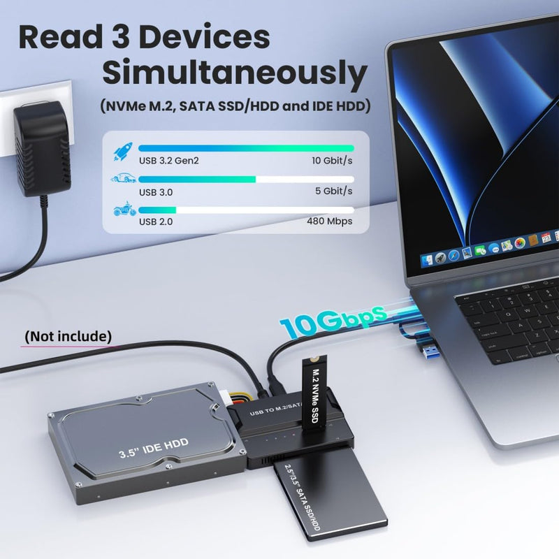 chenyang 3 in 1 USB A/C to M.2 NVMe/IDE/SATA Hard Drive Docking Station for M.2 NVMe SSD, 3.5" IDE and 2.5/3.5" SATA SSD/HDD(Note: Requires a DC 12V/2A Power Supply (not Included) without Power Supply