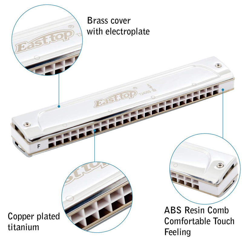 East top Tremolo Harmonica Key of F, 24 Holes Professional Tremolo Mouth Organ T2406S Harmonica For Adults, Professionals and Students