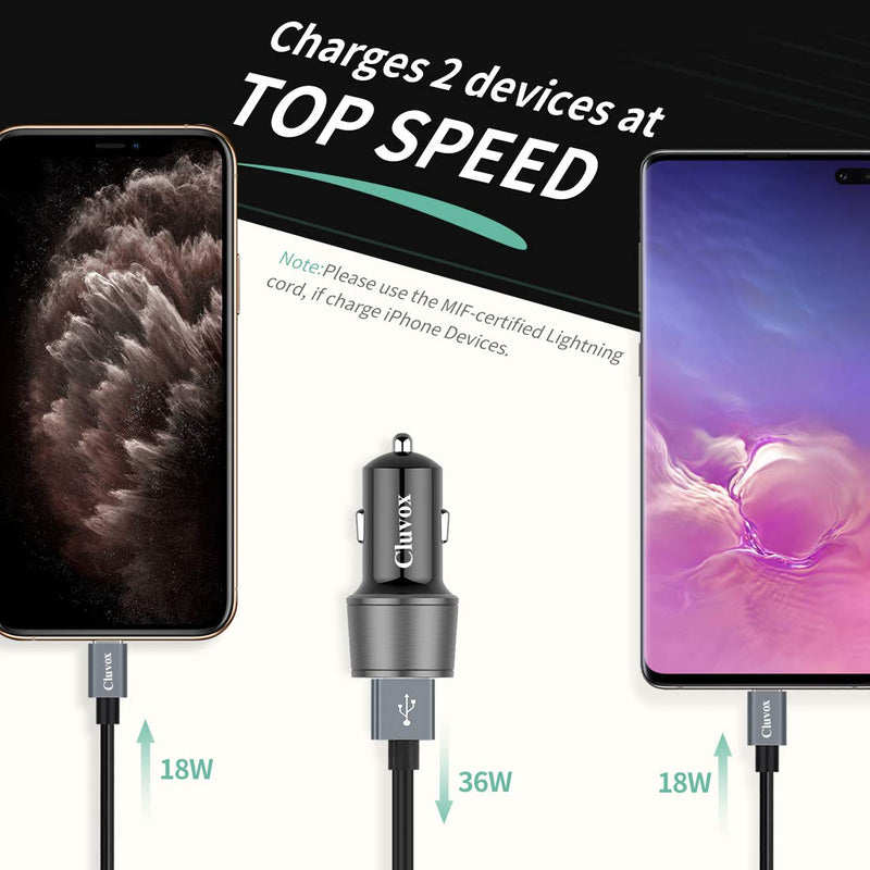 Rapid USB C Car Charger, Compatible for Samsung Galaxy S24/S23/S22/S21/Note 20/Ultra/10/Plus/9/8/S20/S10+/S10e/S9/S8/A50/A70, Quick Charge 3.0 Dual USB 18W Fast Car Charger+ Type C Cable 3.3ft Dark Grey 3.3ft cable