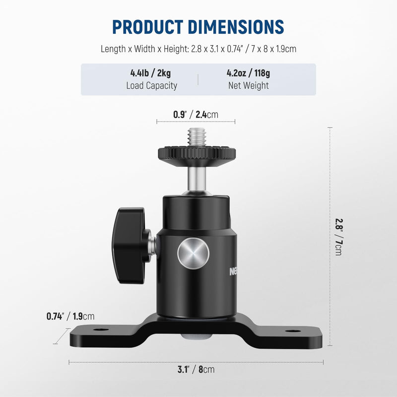 [AUSTRALIA] - NEEWER 2 Pack T Type Wall Ceiling Mount, Ring Light Wall Mount Bracket with Detachable Ball Head, 5/8" Stud, 1/4" Screw for Flash Strobe Camera Monitor Studio Lighting, Max Load: 4.4lb/2kg, TS008 