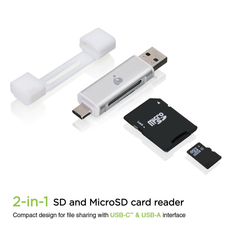 IOGEAR USB-C 2-in-1 SD Card Reader - w/USB Type A - SDXC - SDHC - SD - MMC - RS-MMC - Micro SDXC - Micro SD - Micro SDHC Card - UHS-I Cards - GFR3C12