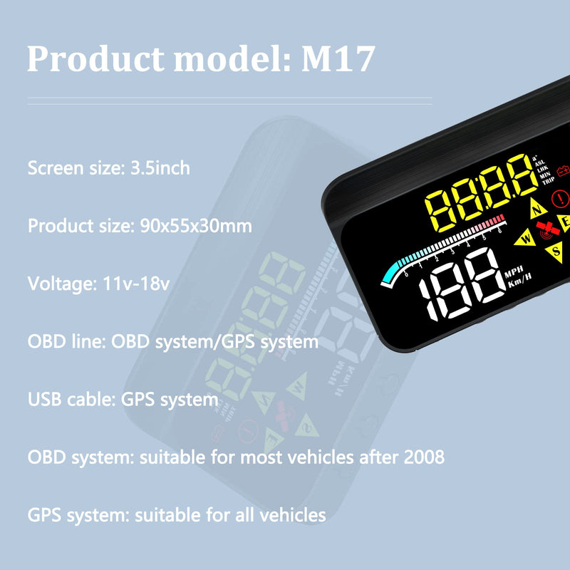 [AUSTRALIA] - Car HUD OBD2 GPS Dual System Projector for Car, Heads up Display for Cars，Digital Speedometer for car mph, Suitable for All car M17 