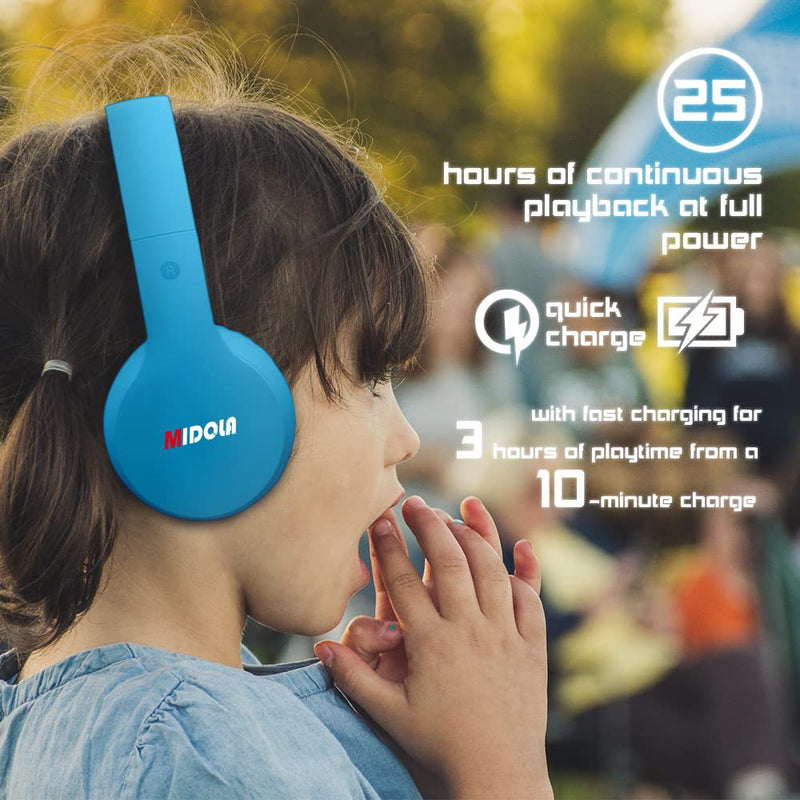 Headphones Bluetooth Wireless Kids Volume Limit 85dB /110dB Over Ear Foldable Noise Protection Headset/Wired Inline AUX Cord Mic for Children Boy Girl Travel School Phone Pad Tablet PC Blue