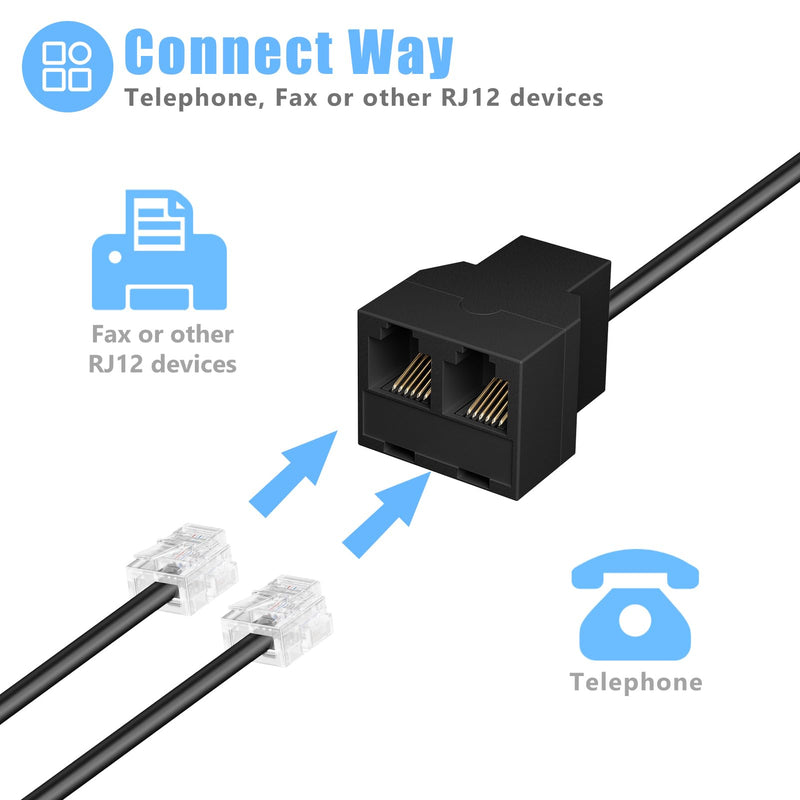 10 Pack RJ12 6P6C Phone Line Splitter, 3 Female Landline Adapter, Black | Awishwell Two Way Telephone Splitter for Landline,Share Single Line into Two Device,Home Office Fax Modem Extension Connector 30 Pack Splitter Black