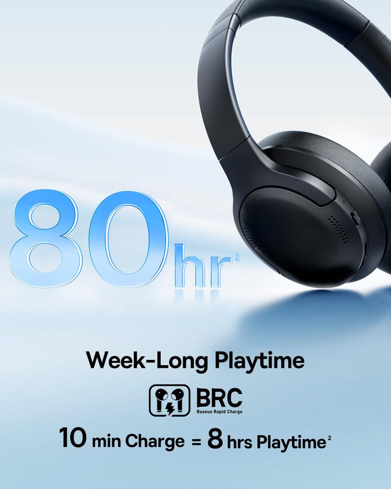 Baseus Bass BH1 Lite Bluetooth Headphones Over Ear, SuperBass, 80H Playtime,AI ENC Clear Calls, Comfortable Fit, Smart App Control, Bluetooth 6.0, Foldable Lightwight Headset for Travel -Cosmic Black