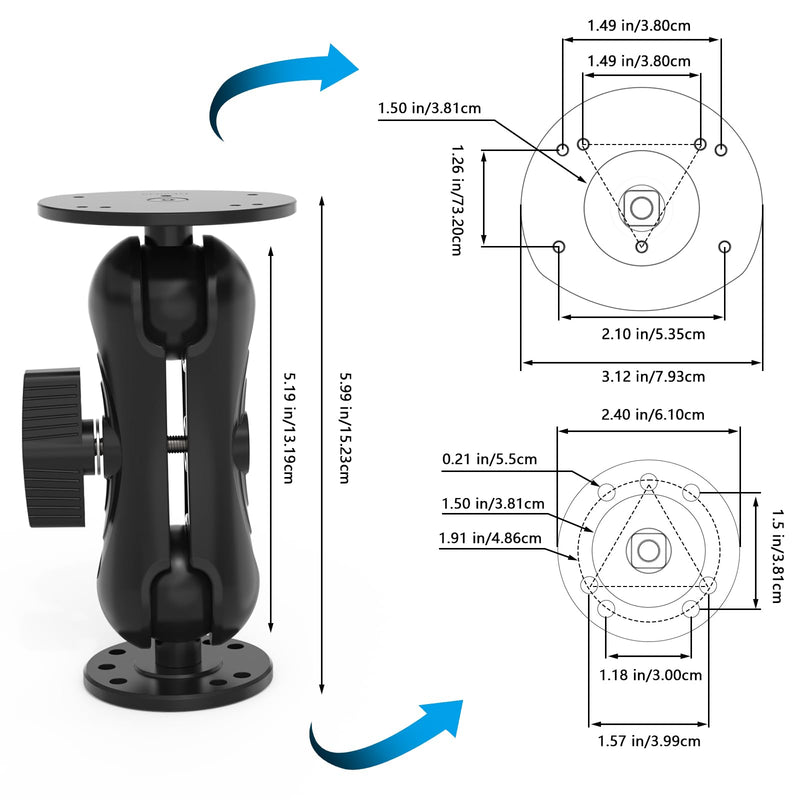 Aluminum Alloy Fish Finder Mount with C Size 1.5" Ball Rectangular Plate & Round Base, 5.19" Arm Marine Electronic Mount Compatible with Garmin,Humminbird Kit (Black)