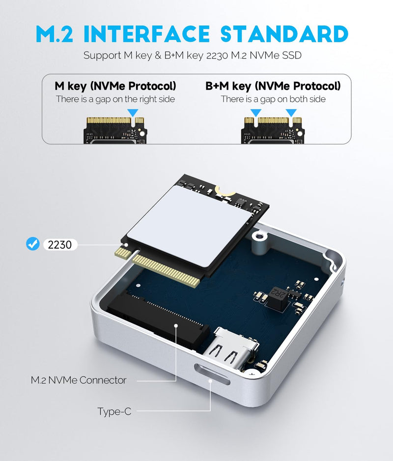 iDiskk 10Gbps M.2 NVMe SSD Enclosure,USB 3.2 Gen2 External SSD Reader | Supports 2230 M-Key NVMe SSD for iPhone17/16/15/iPad/Mac/PC, Pocket-Sized Portable Mini Design,Up to 2TB Max Capacity