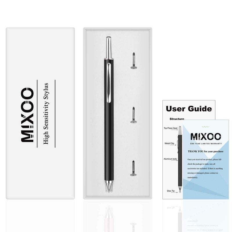 Mixoo Retractable Stylus for Touch Screens - High Sensitivity Universal Stylus Touch Screen Pen with 3 Replaceable Disc Tips for iPad iPhone and All Other Capacitive Tablets & Cell Phones (Black) Black