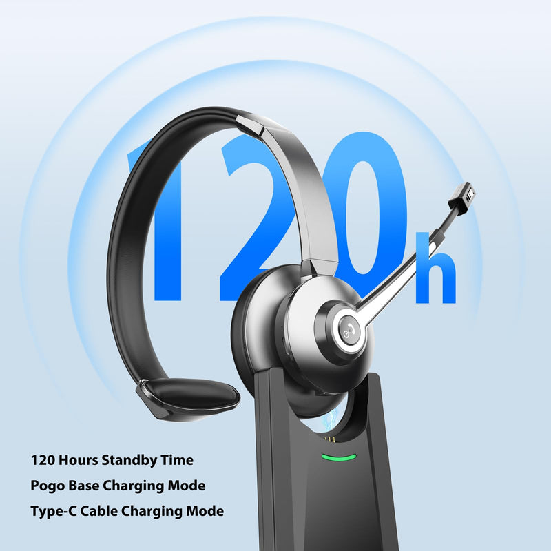 Wireless Headset, Bluetooth Headset with Microphone Noise Canceling & USB Dongle, Headphones with Mic Mute & Charging Base, Wireless Headset with Mic for Work from Home/Call Center/Computer/Zoom