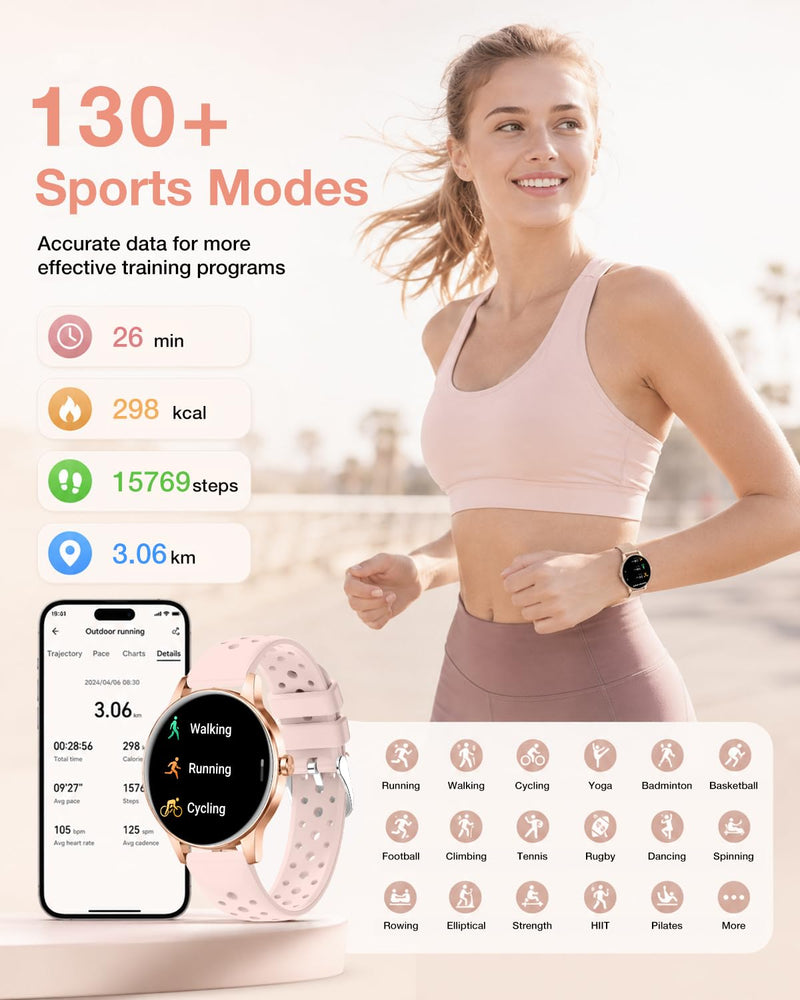 Smart Watch for Women, 1.27"Fitness Tracker with IP68, 4Bands, iOS/Android | Bluetooth Call & Answer, 130+ Sports Modes with Heart Rate/Sleep Monitor, Round Rose Gold Watch for Gift
