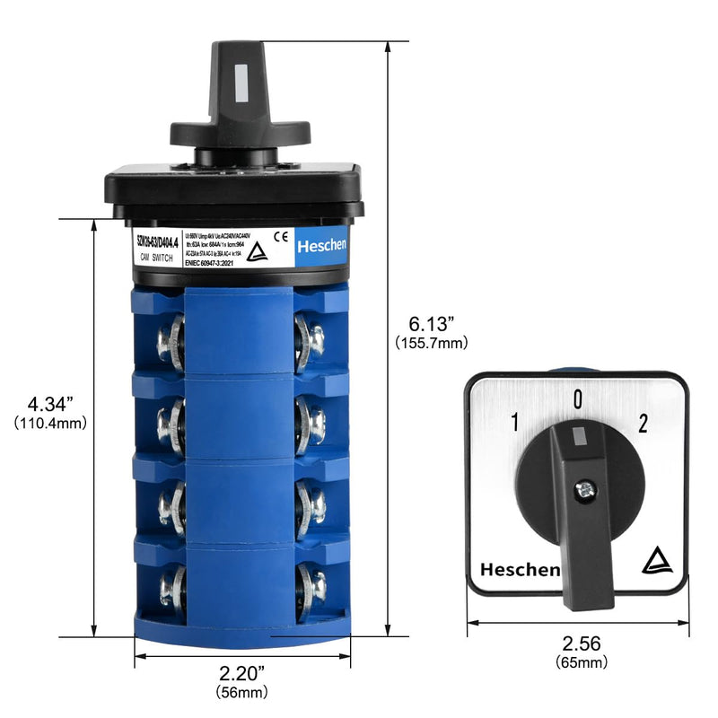 [AUSTRALIA] - Heschen Universal Rotary Cam Selector Changeover Switch, SZW26-63/D404.4, 660V 63A, ON-Off-ON 3 Position 4 Phase, 4NO+4NC, 16 Terminals, CE 