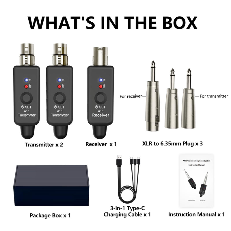 A11 Wireless Microphone System, 2.4GHz XLR Transmitter and Receiver for Dynamic Microphone, Audio Mixer, PA System, 100ft Range, Ultra-Low Latency, Rechargeable Battery (A11-2(2TX+1RX)) A11-2(2TX+1RX)