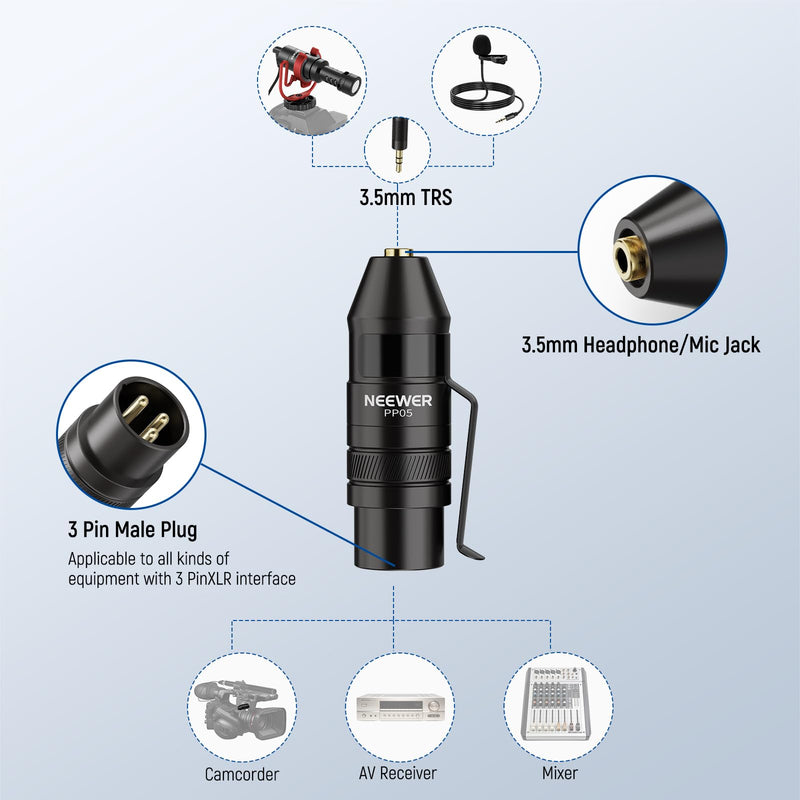 [AUSTRALIA] - NEEWER 3-Pin XLR Male to 3.5mm Female TRS Transforming Adapter, Audio Converter for Camera, Camcorder, Video Recorder, Audio Mixer, Speake, Sound Drive, PP05 