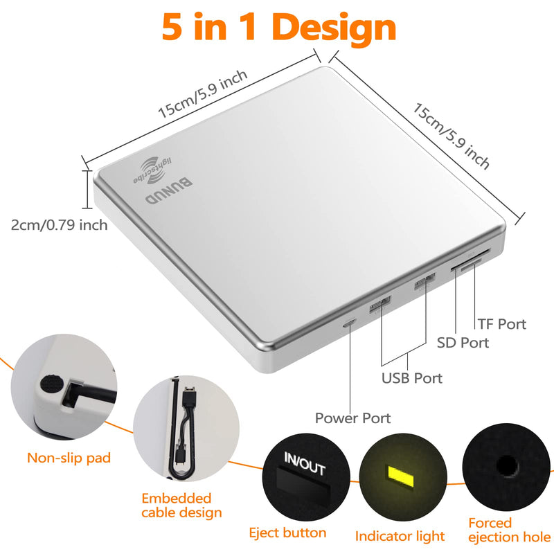 External CD DVD Drive LightScribe CD/DVD +/-RW Burner Player Writer Optical Disk Reader Portable CD DVD Drive for Laptop Mac MacBook PC Windows 11 10 Linux OS Silver