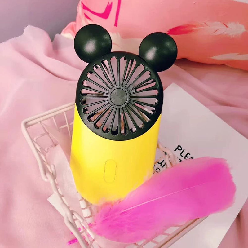 Kbinter Cute Personal Mini Fan, Handheld & Portable USB Rechargeable Fan with Beautiful LED Light, 3 Adjustable Speeds, Portable Holder, for Indoor Or Outdoor Activities, Cute Mouse (Yellow) Yellow