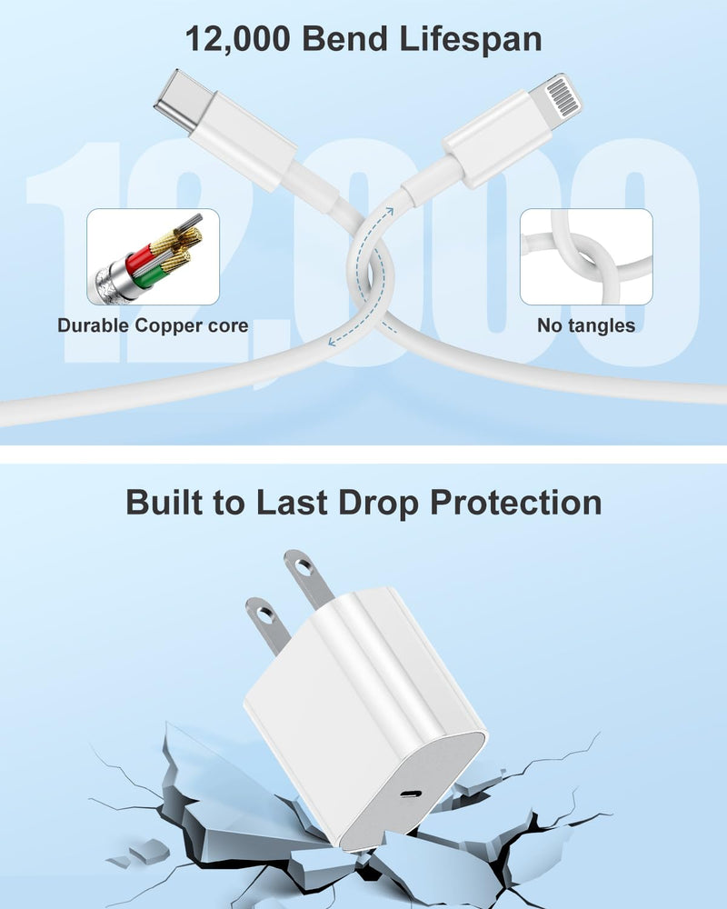 iPhone 14 13 12 Charger Fast Charging, 2 Pack 20W Fast PD USB C Wall Charger Adapter with 3Pack 6Ft USB C to Lightning Cable (MFi Certified) for 14/14 Plus/14 Pro/14 Pro Max/13/ White iPhone 14-6FT