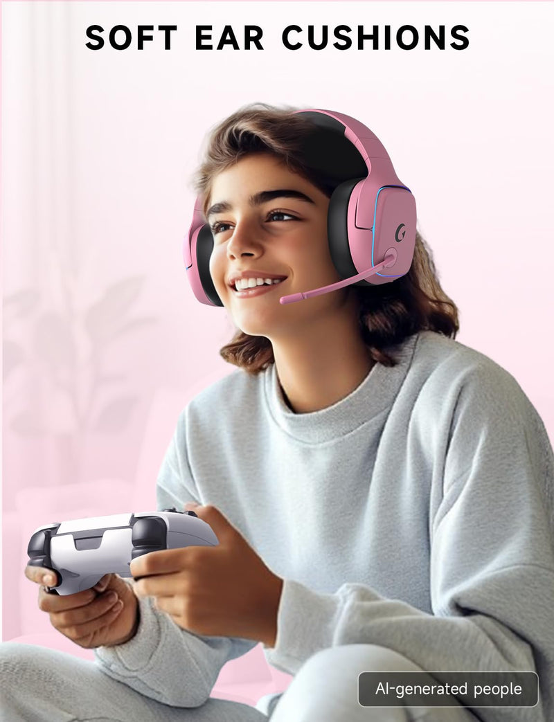 Gvyugke 2.4GHz Wireless Gaming Headsets for PS5, PS4, PC, Switch, BlushPink | Bluetooth 5.3 Gaming Headphones with Noise Canceling Mic, 7.1 Surround Sound, 70H Battery, Blue Lighting Blush Pink
