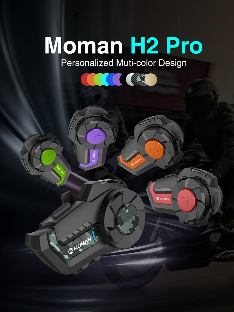 Moman Motorcycle Intercom, 2-Way Intercom Communication Systems(H2Pro 1pcs) | FM Music Sharing, Hi-Fi Stereo, CVC Noise Cancellation, Waterproof BT5.1 Group Helmet Speaker Headset, for Dirt Bike/ATV 1 Pcs