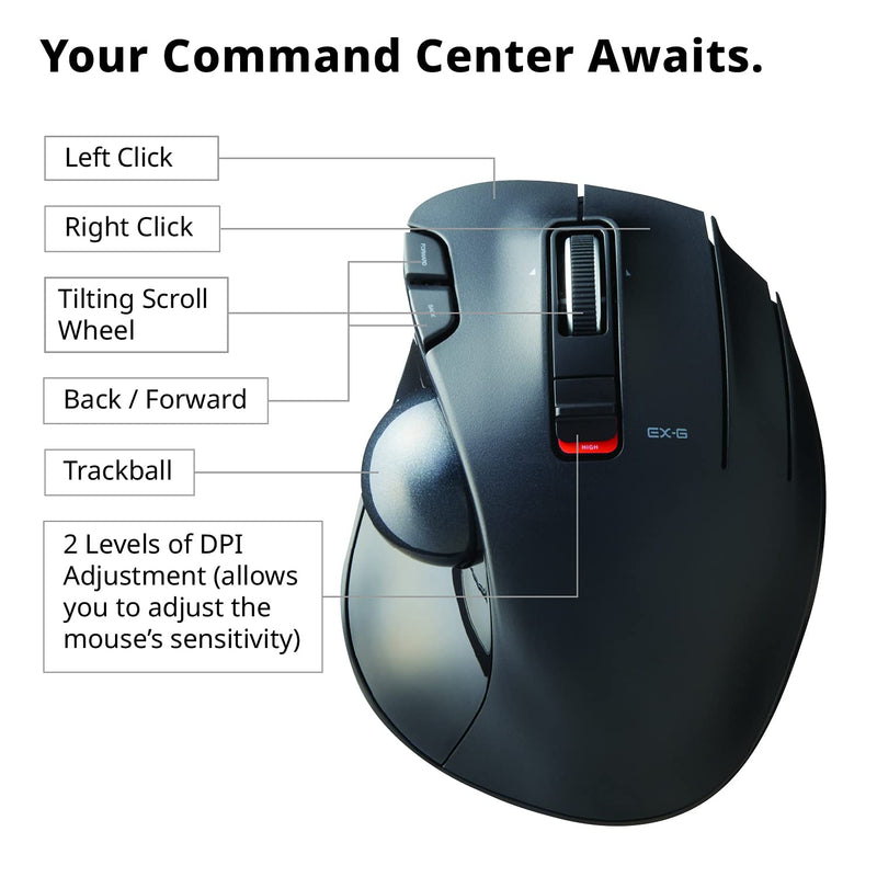 ELECOM EX-G Trackball Mouse, 2.4GHz Wireless, Thumb Control, Sculpted Ergonomic Design, 6-Button Function with Smooth Tracking, Ergonomic Design, Optical Gaming Sensor, Windows11, macOS (M-XT3DRBK)