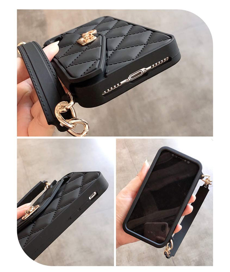 UnnFiko Wallet Case Compatible with iPhone 15 Pro Max, Cute Light Luxury Bag Design, Purse Flip Card Pouch Cover Soft Silicone Case with Handstrap Long Shoulder Strap (Black, iPhone 15 Pro Max) Black