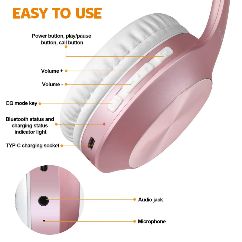 Bluetooth Headphones Over Ear, 68H Playtime and 3 EQ Music Modes Wireless Headphones with Microphone/Deep Bass, HiFi Stereo Foldable Lightweight Headset for PC Home Travel Office (Rose Gold) Rose