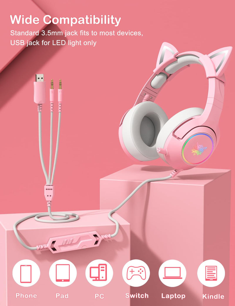[AUSTRALIA] - PHNIXGAM Cat Ear Gaming Cute Headset, Wired Over-Ear Headphones with Retractable Microphone, Surround Sound, LED Backlight for PS4, PS5, PC, Mobile Phone (Light Pink) A Pink 3.5mm 