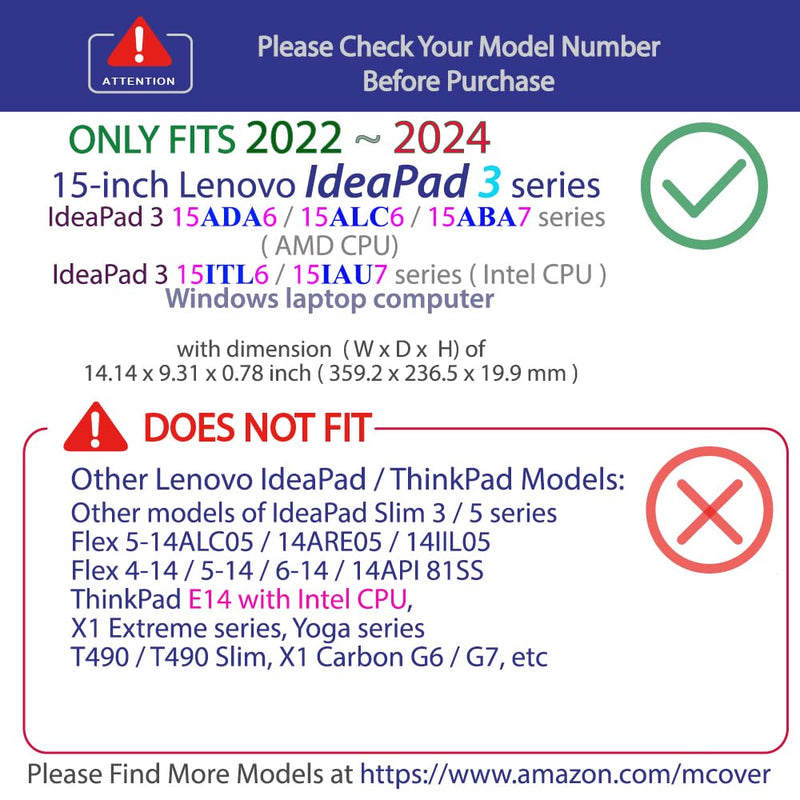 mCover Case compatible ONLY for 2022-2024 15" Lenovo IdeaPad 3 (15ADA6 / 15ALC6 / 15ABA7 / 15ITL6 / 15IAU7) series Windows Laptop Computers (NOT fitting ANY other models) - Black