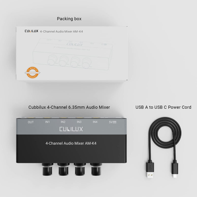 Cubilux AM-K4 6.35mm Stereo Audio Mixer, Ultra-Low Noise 4-Channel 1/4 AUX Mixer, USB C Powered Quarter Inch Mixer with Volume Control